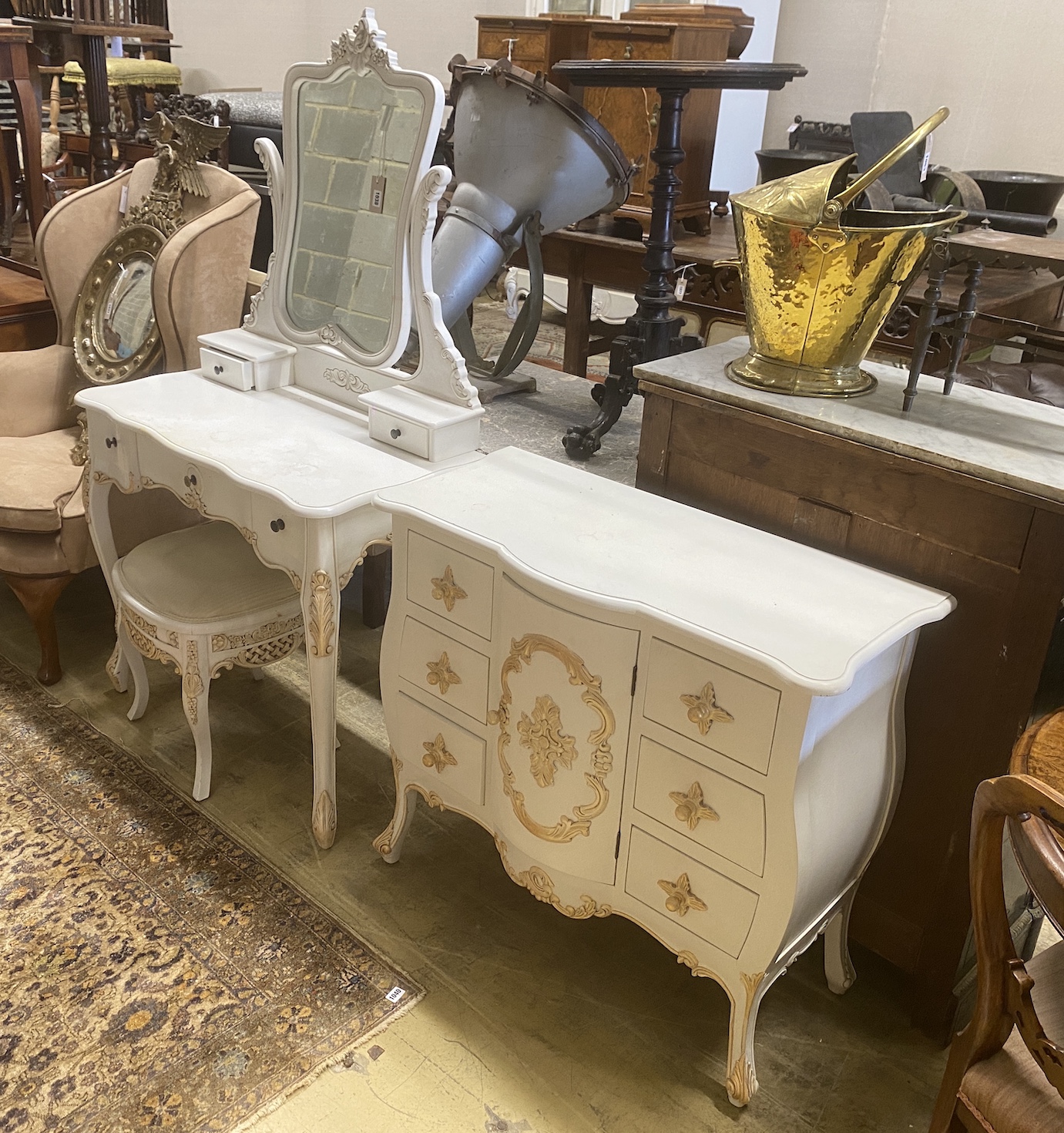 A contemporary painted dressing table, matching chest of drawers and dressing stool, larger width 90cm, depth 45cm, height 156cm